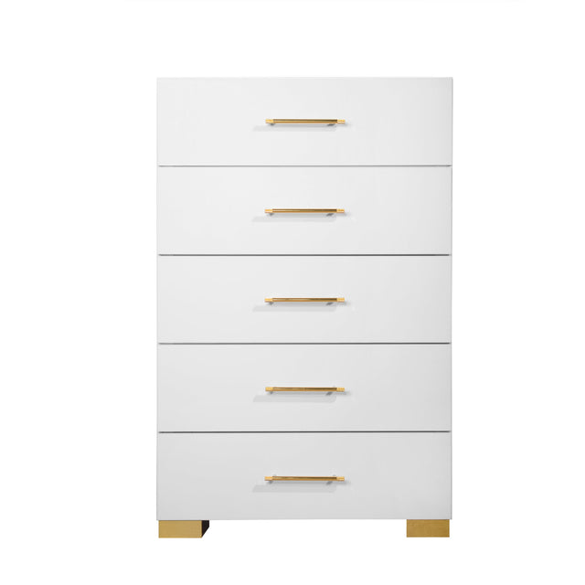 Darya White Chest front angle showing glossy white finish and gold handles