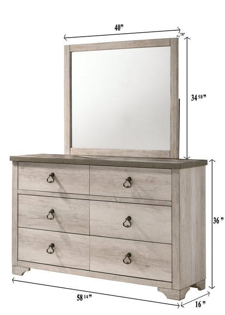 Patterson Driftwood King Panel Bed with matching dresser in showroom