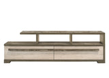 Patterson Natural Gray TV Stand angled view showing storage