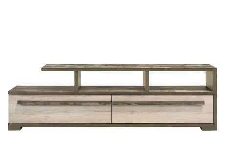 Patterson Natural Gray TV Stand angled view showing storage