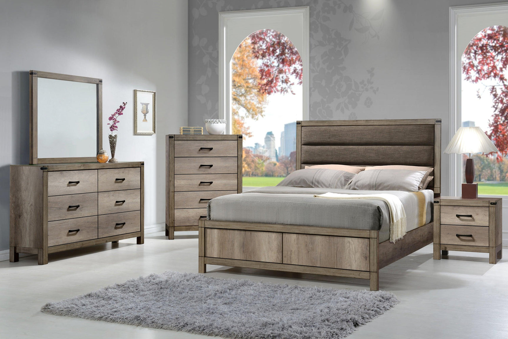 Matteo Melamine Finish Fabric Upholstered Panel Bedroom Set, Heat, Moisture, Stain Resistant, Contemporary Rustic - Ella Furniture