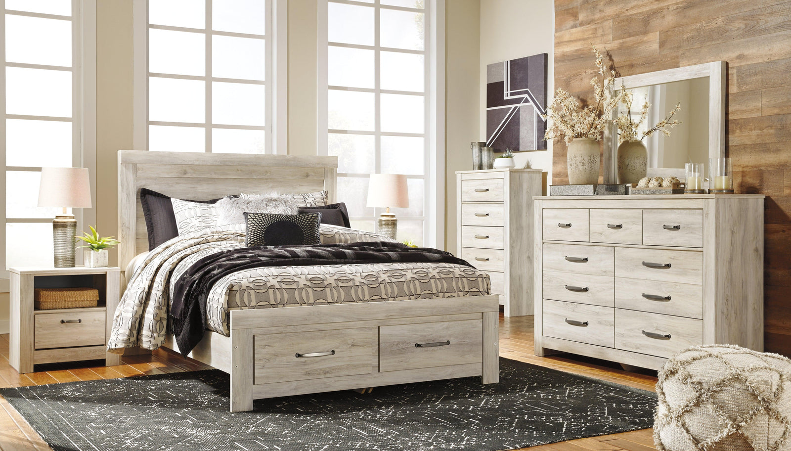 Bellaby Whitewash Queen Platform Bed With 2 Storage Drawers - Ella Furniture