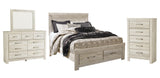 Bellaby Whitewash Platform Bedroom Set — Queen / 4: Bed, Dresser, Mirror, Chest
