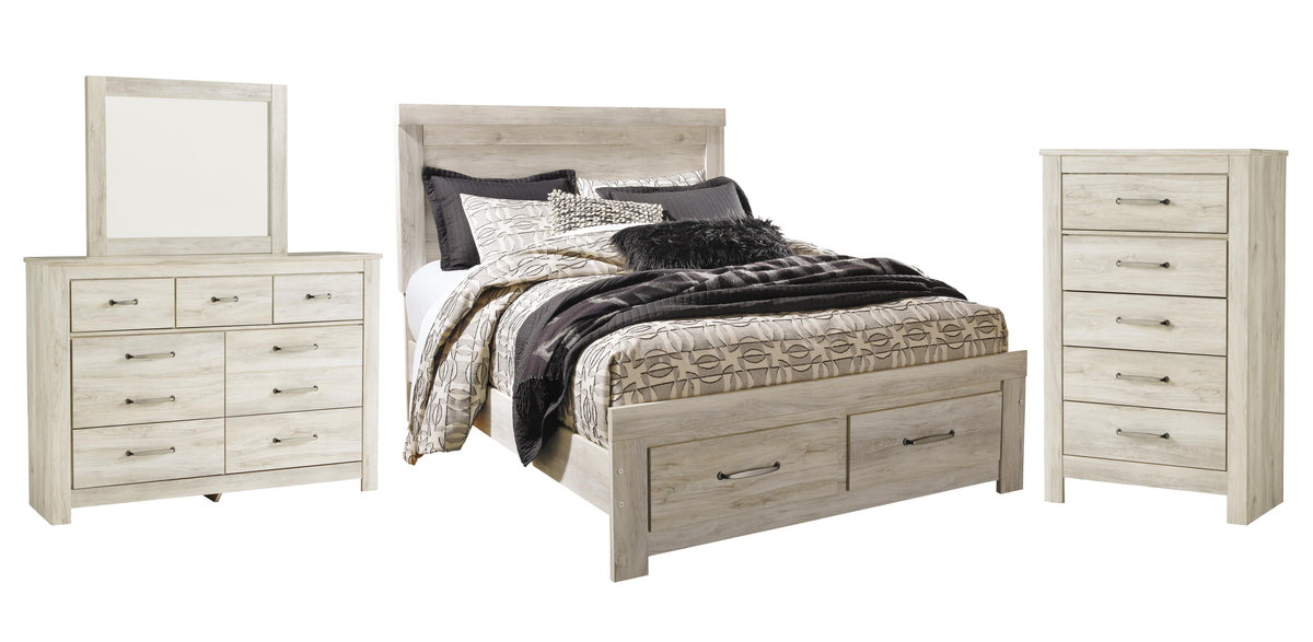 Bellaby Whitewash Platform Bedroom Set — Queen / 4: Bed, Dresser, Mirror, Chest