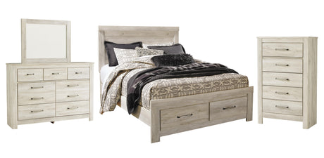 Bellaby Whitewash Platform Bedroom Set — Queen / 4: Bed, Dresser, Mirror, Chest
