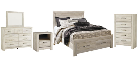 Bellaby Whitewash Platform Bedroom Set — Queen / 5: Bed, Dresser, Mirror, Nightstand, Chest