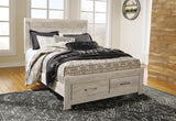 Close-up of slatted headboard with whitewashed oak grain effect