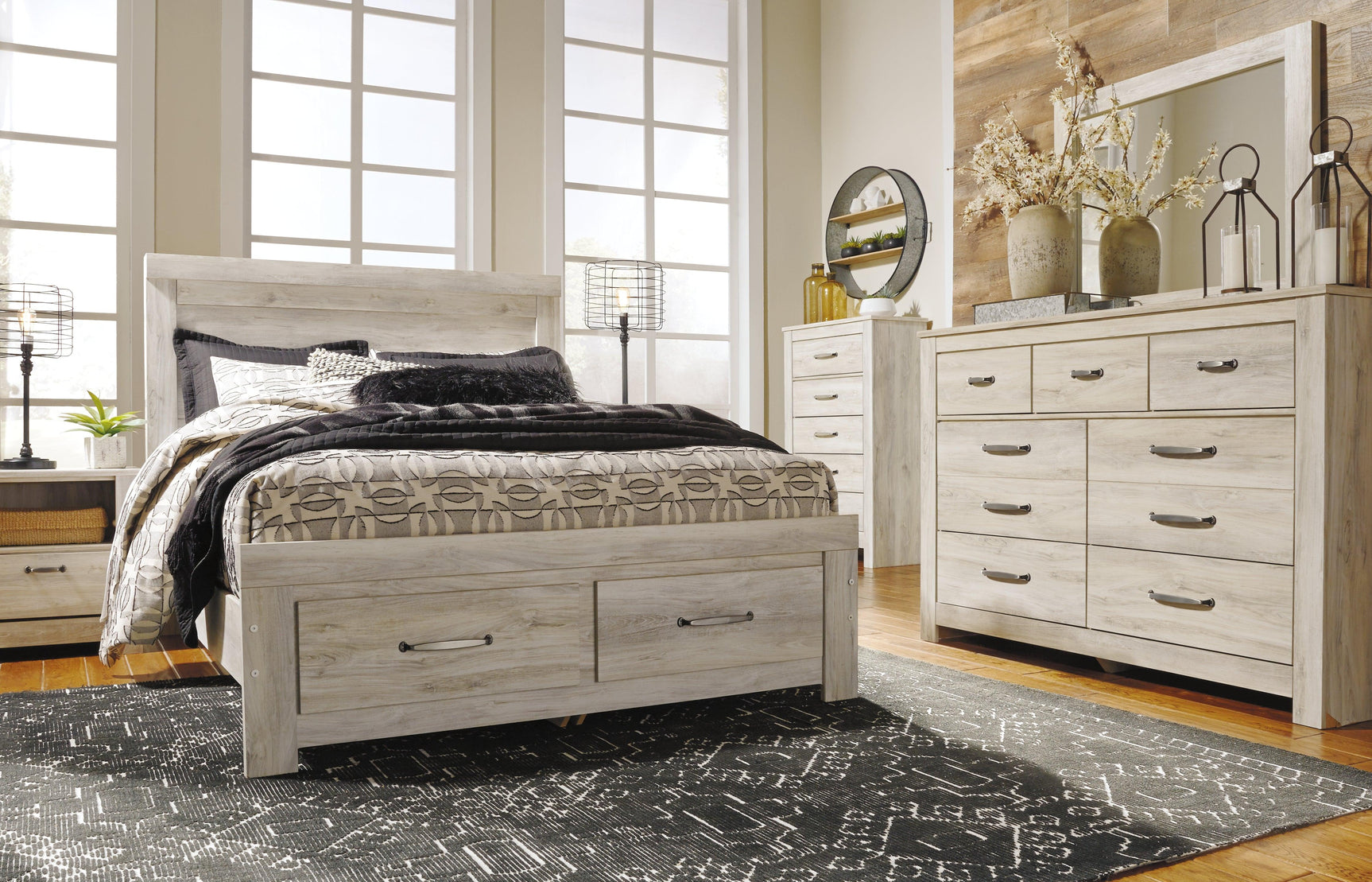 Detailed view of whitewash finish texture on Bellaby bed