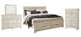 Bellaby Whitewash Platform Bedroom Set — King / 4: Bed, Dresser, Mirror, Chest