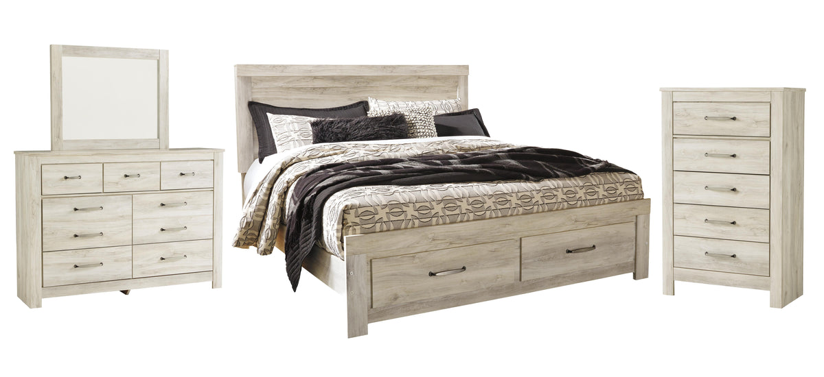 Bellaby Whitewash Platform Bedroom Set — King / 4: Bed, Dresser, Mirror, Chest
