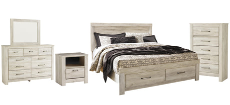 Bellaby Whitewash Platform Bedroom Set — King / 5: Bed, Dresser, Mirror, Nightstand, Chest