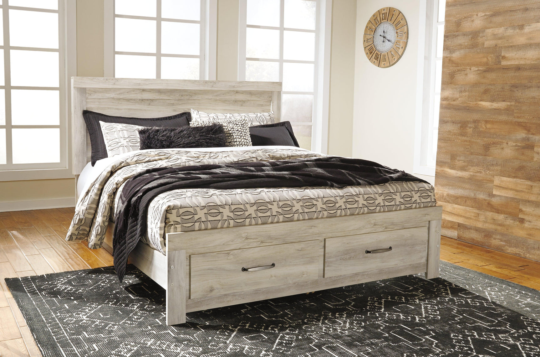Bellaby Whitewash King Platform Bed Footboard with Storage Drawers Opened