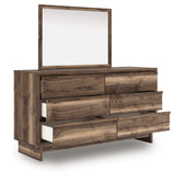 Open drawers of Chirason Brown Dresser showing interior lining