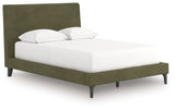 Chirason queen upholstered panel bed in sage green, angled side view