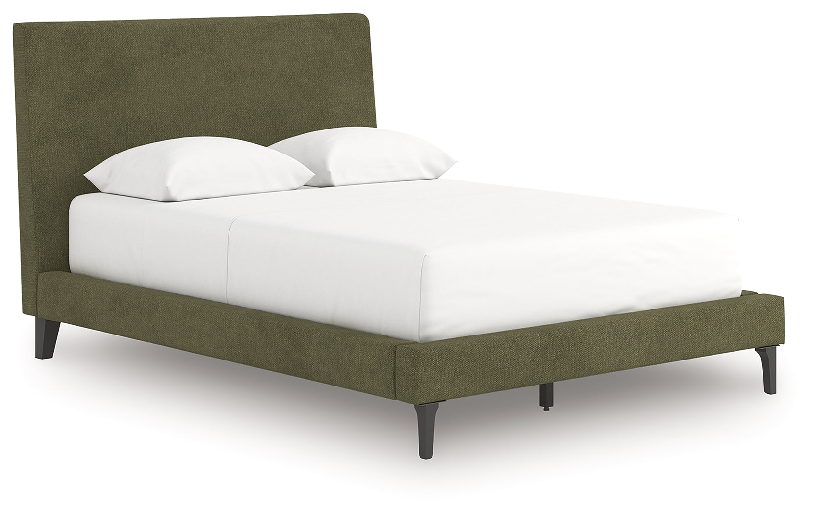 Chirason queen upholstered panel bed in sage green, angled side view