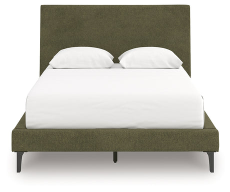 Chirason queen upholstered panel bed in sage green, head-on view