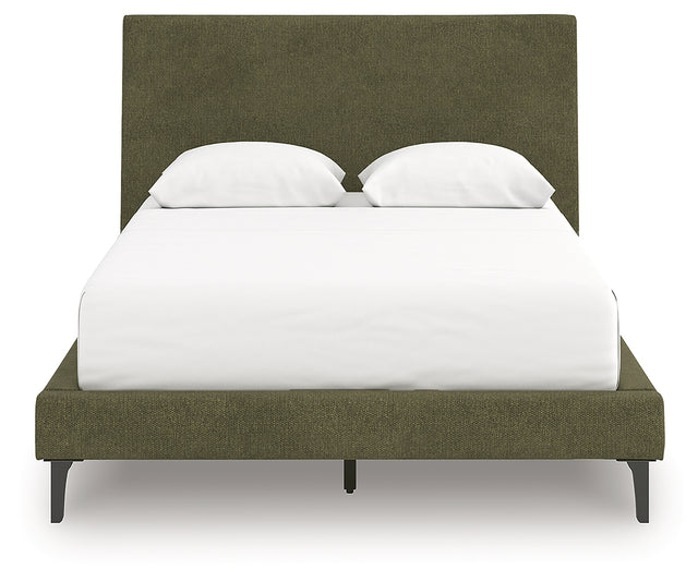 Chirason full upholstered panel bed in sage green head-on view