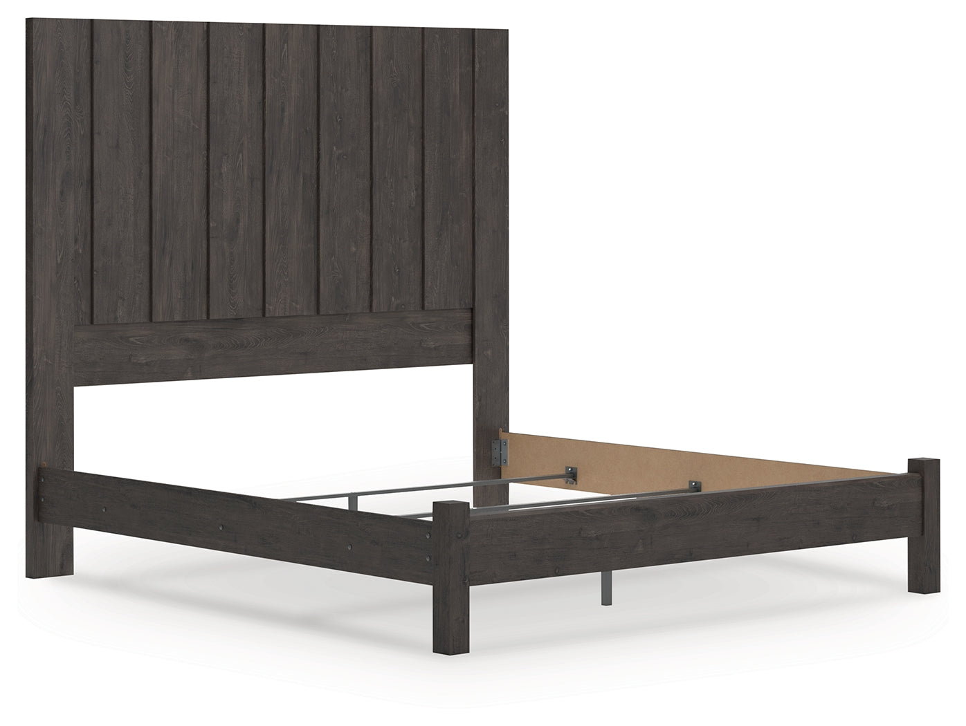 Fraluna Charcoal King Panel Bed angled view with headboard