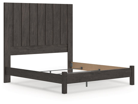 Fraluna Charcoal King Panel Bed angled view with headboard