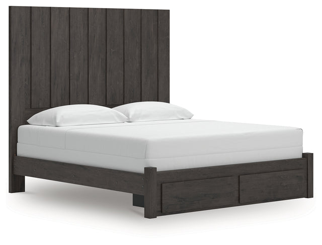 Fraluna Charcoal King Panel Storage Bed angled view