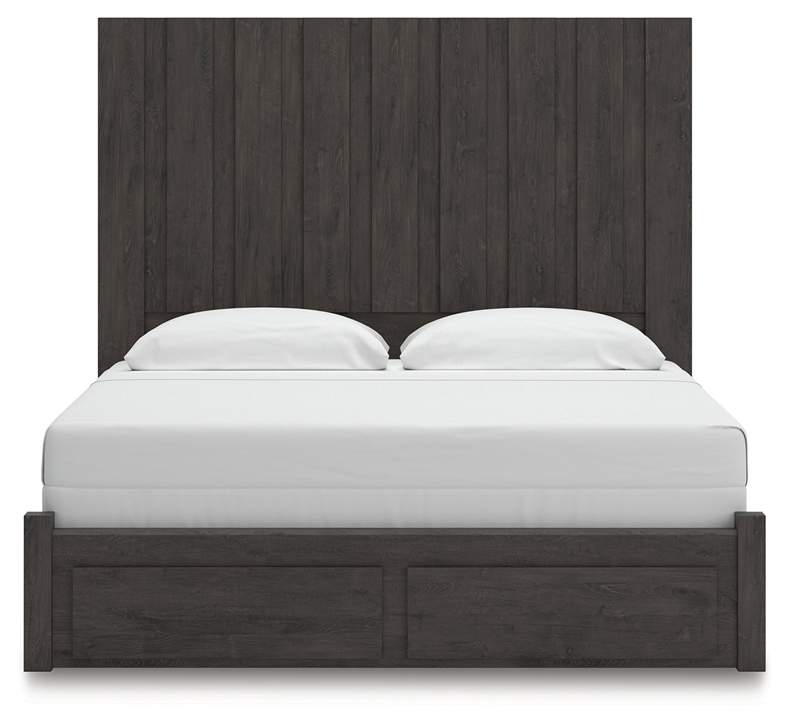 Fraluna Charcoal King Panel Storage Bed head-on view