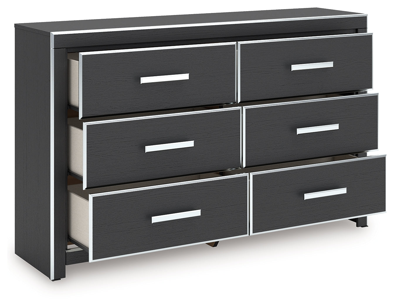 Open drawer of Zuraleus dresser with faux linen interior