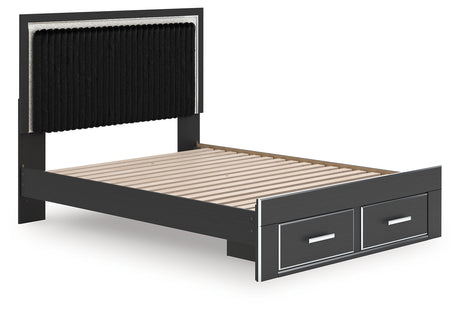 Side angle of Zuraleus Upholstered Panel Bed in black