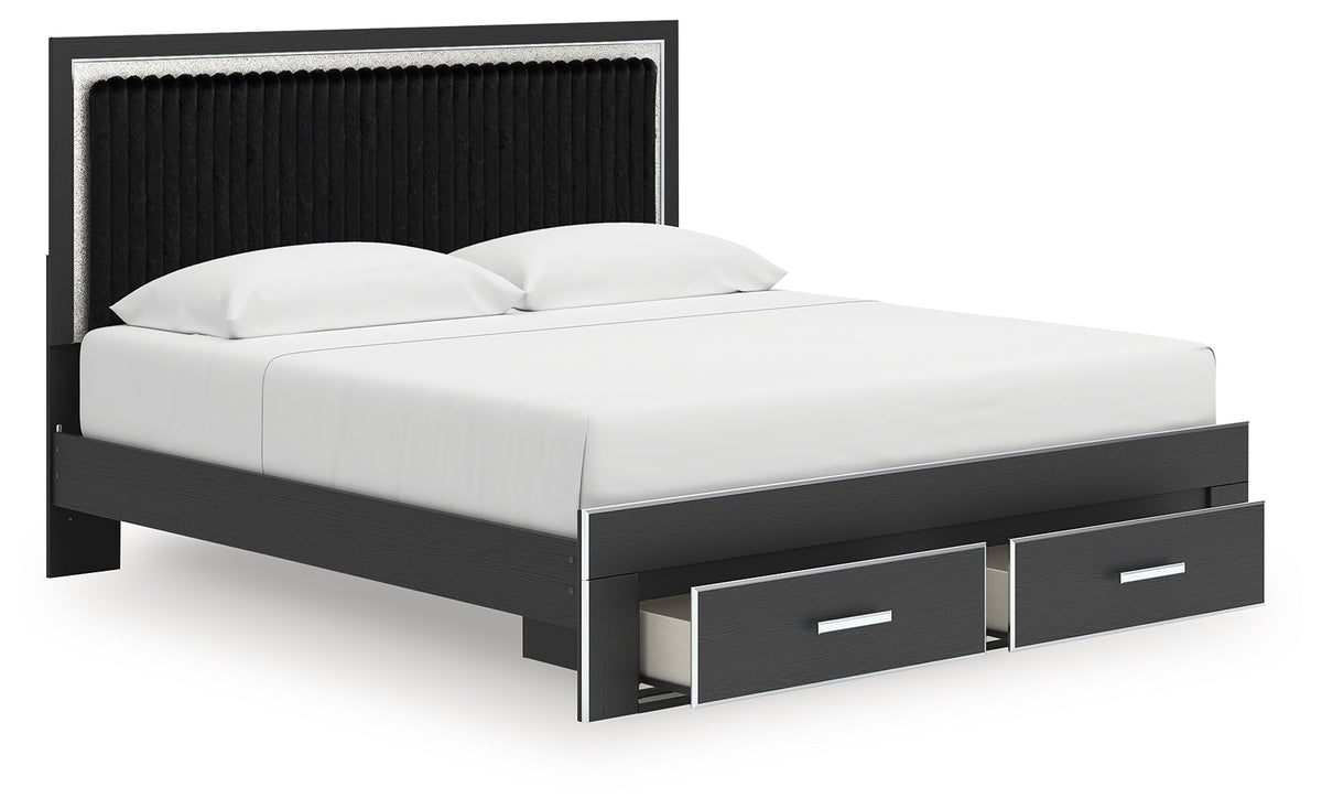 Zuraleus Black King Upholstered Panel Storage Bed drawers open