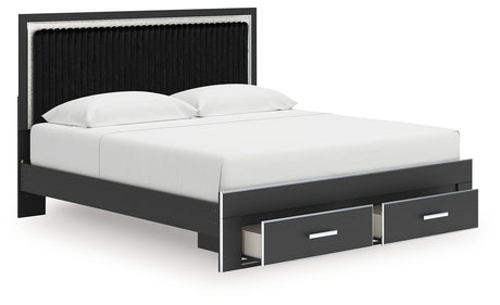 Zuraleus Black King Upholstered Panel Storage Bed drawers open