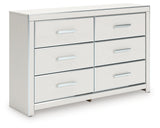 Open drawer view of Zuraleus white dresser with faux linen lining