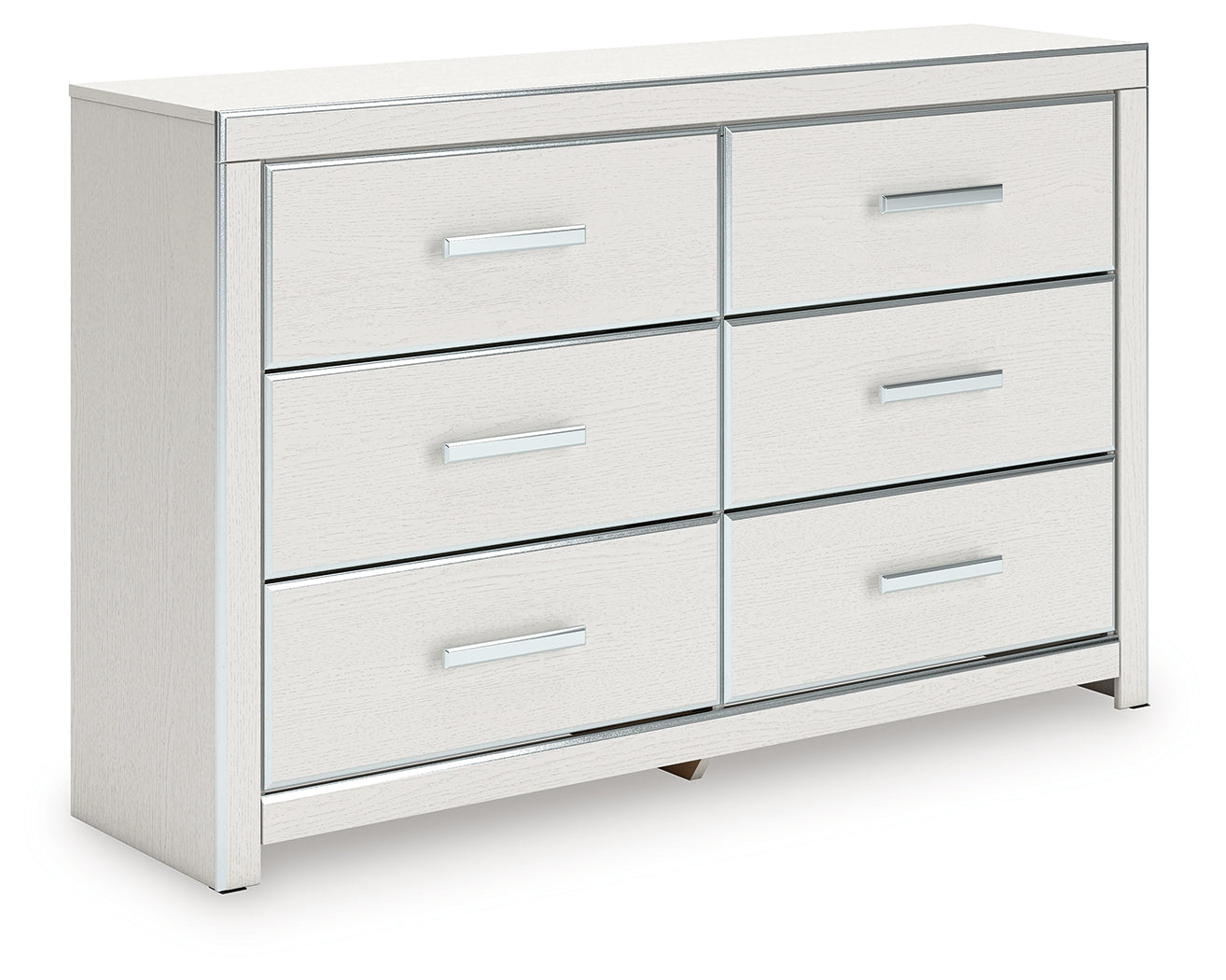Open drawer view of Zuraleus white dresser with faux linen lining