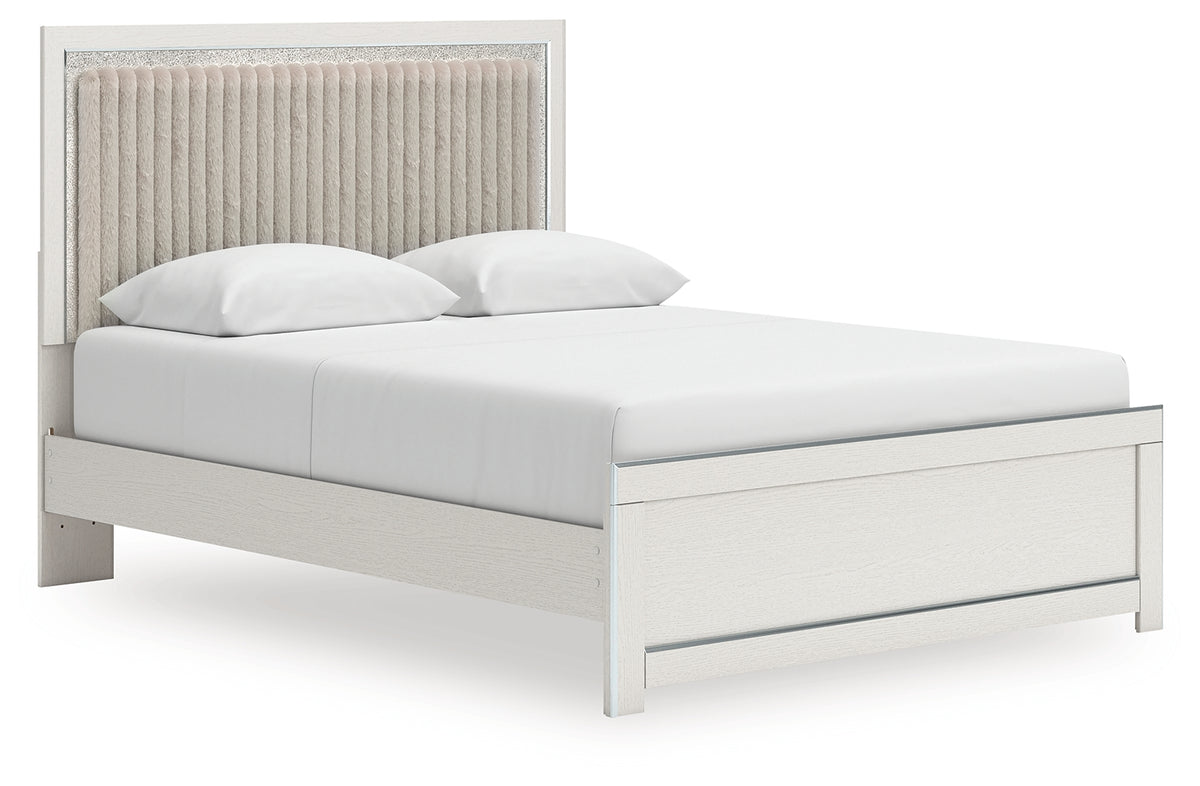 Side view of Zuraleus White Queen Upholstered Panel Platform Bed