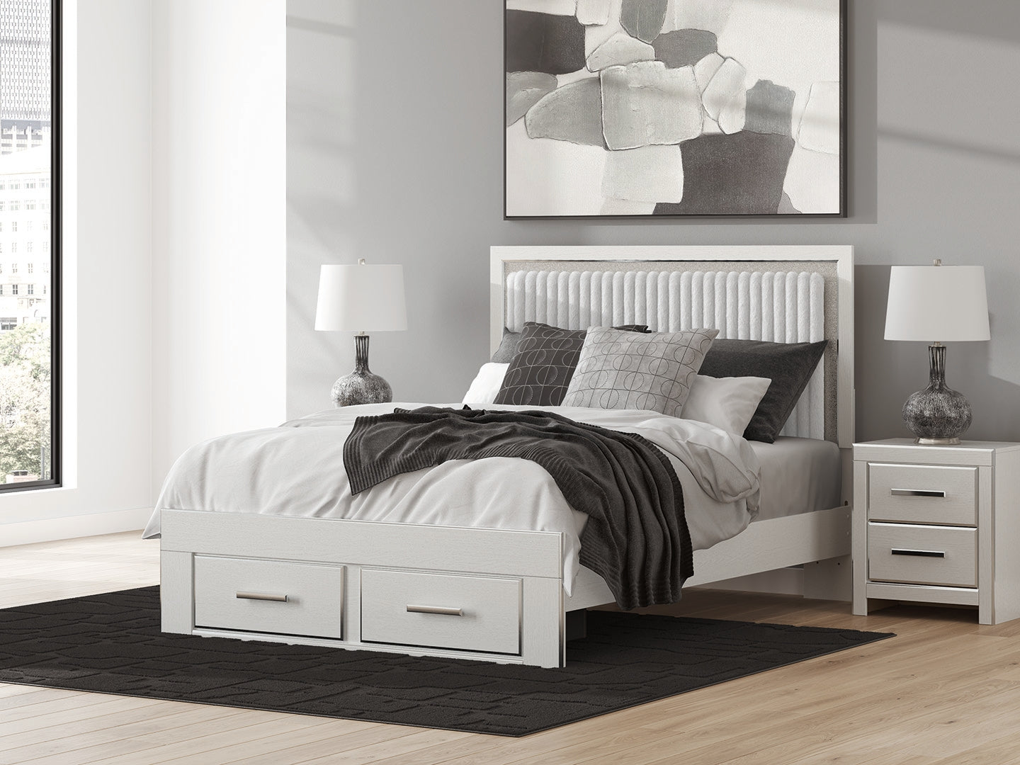 Zuraleus White Queen Upholstered Panel Storage Bed