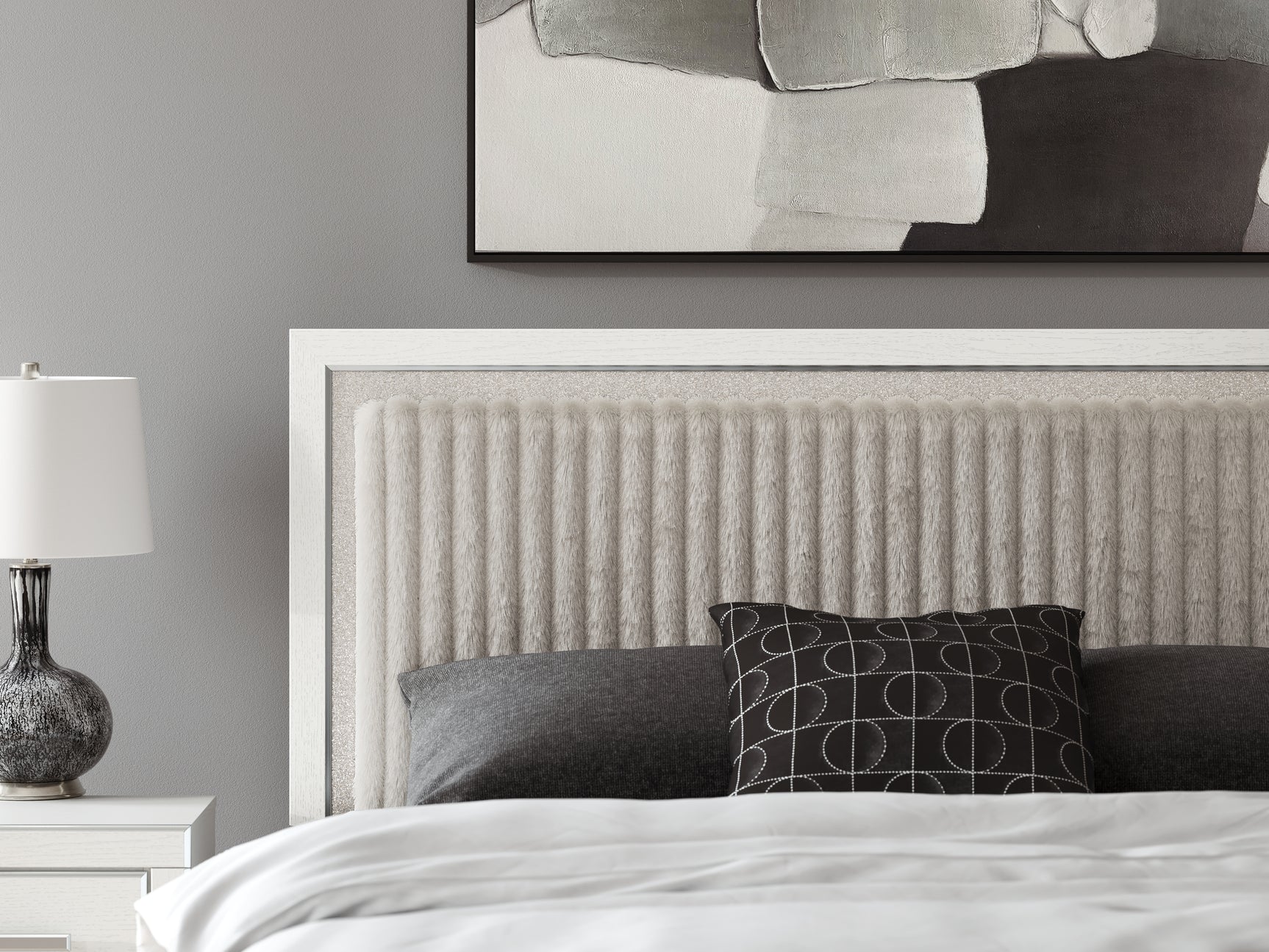 Zuraleus White King Upholstered Panel Platform Bed, angled view