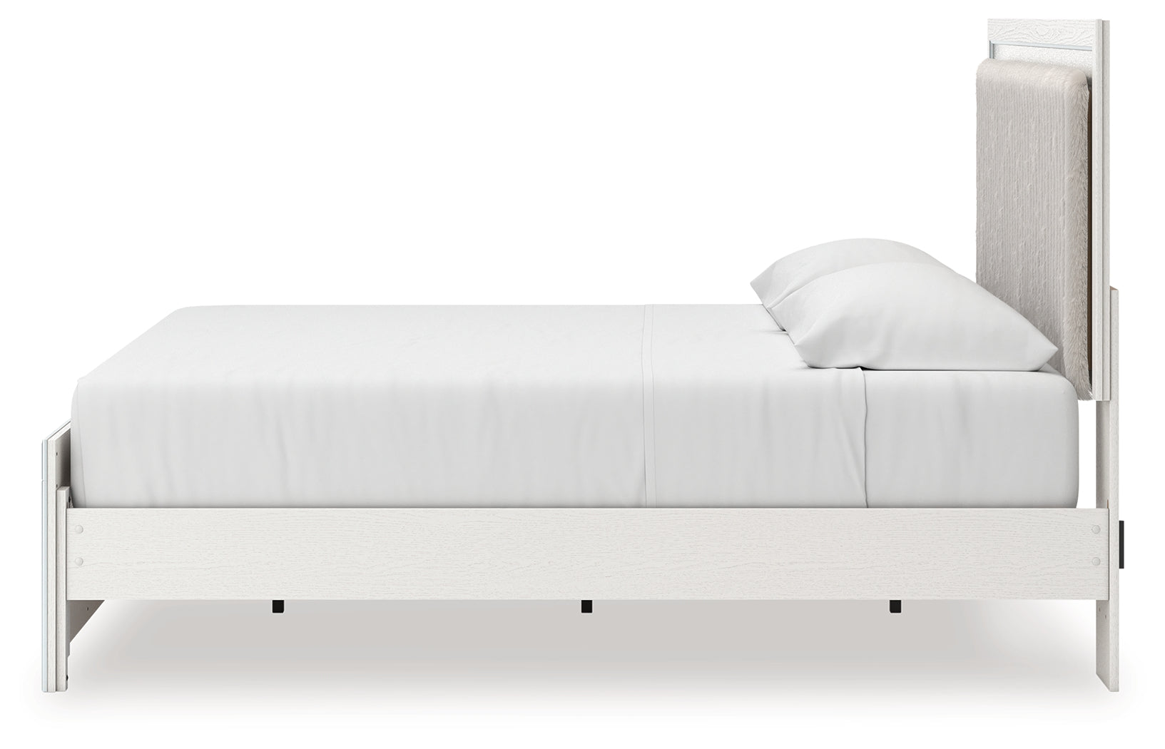 Close-up of upholstery and chrome-tone accents on Zuraleus White King Bed