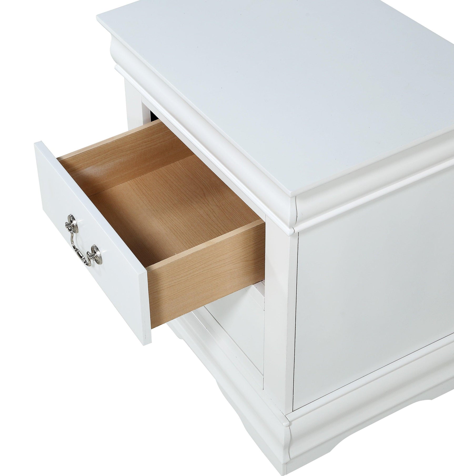 Close-up of pewter bail drawer pulls on Louis Philip nightstand