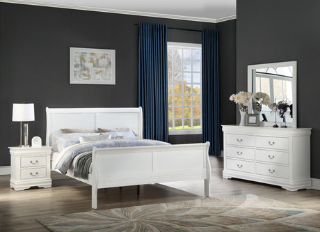 Full Louis Philip bedroom set including nightstand, dresser, and bed in white finish