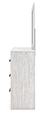 Side angle of Cayboni whitewash dresser showing drawer profile