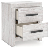 Cayboni Nightstand with one drawer open showing storage space