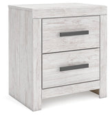 Cayboni Whitewash Nightstand angled side view showing drawer fronts