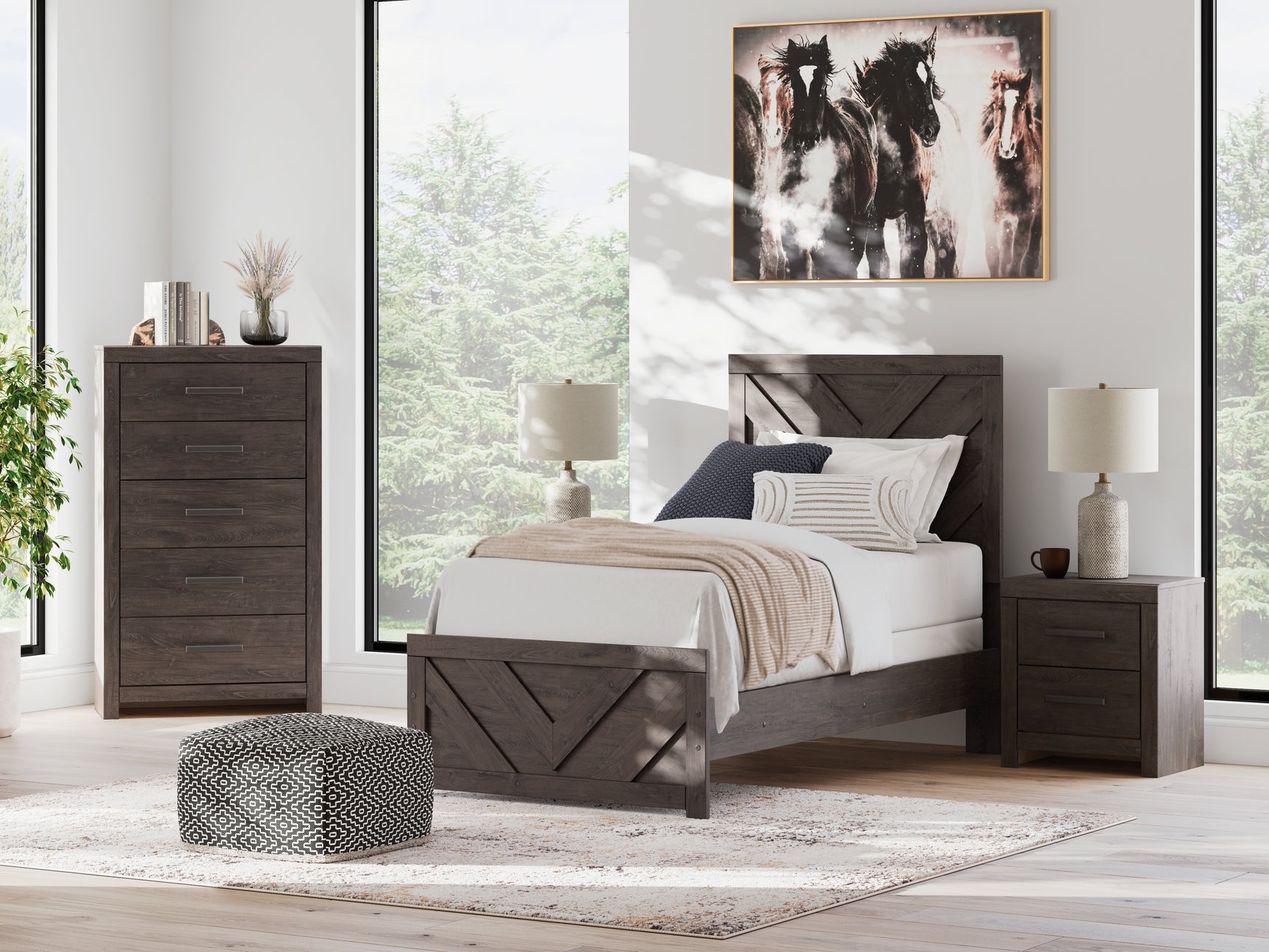 Prendonea Charcoal Twin Panel Bed staged in bedroom