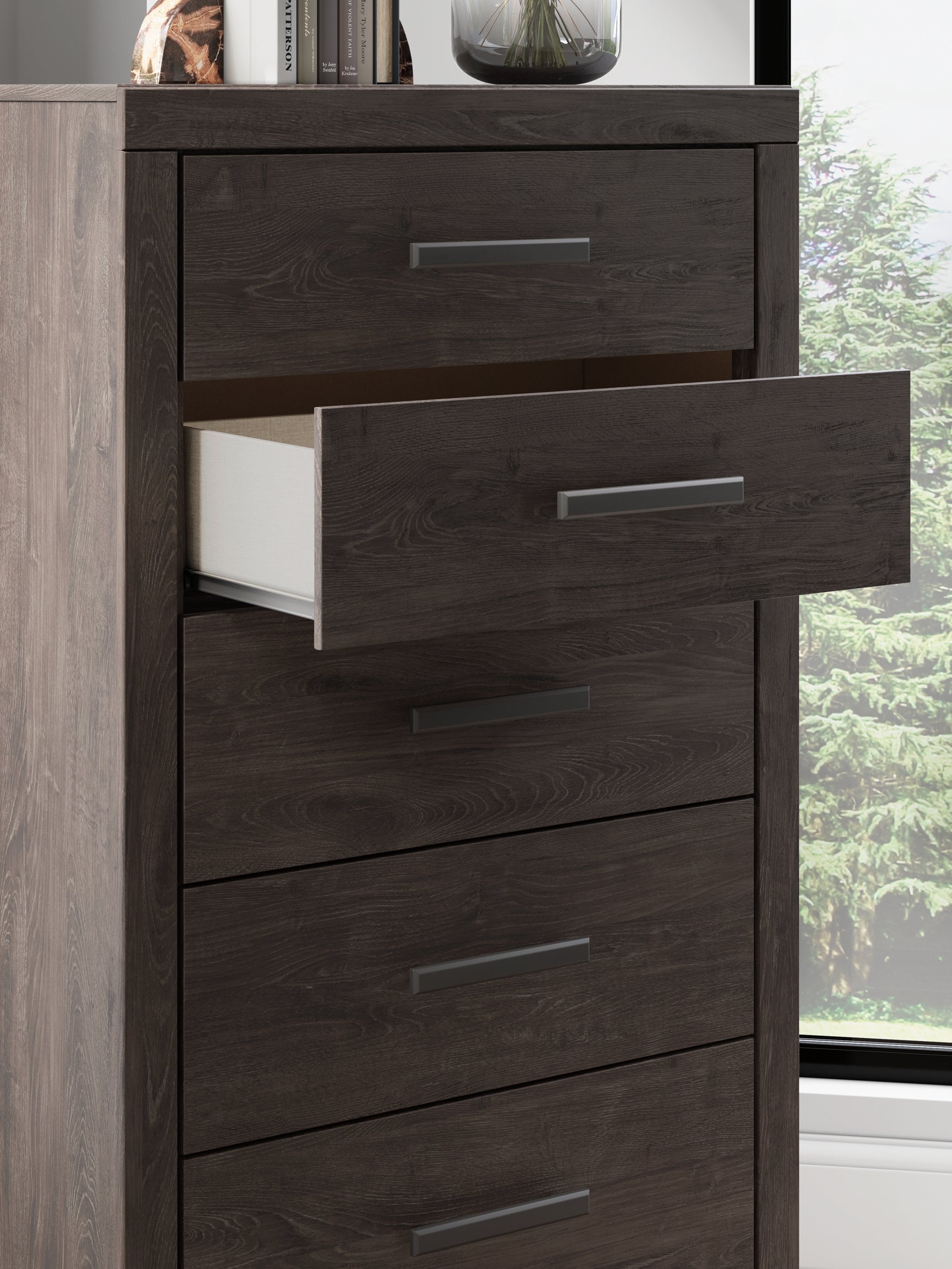 Prendonea Charcoal Wood Casual Chest of Drawers front view