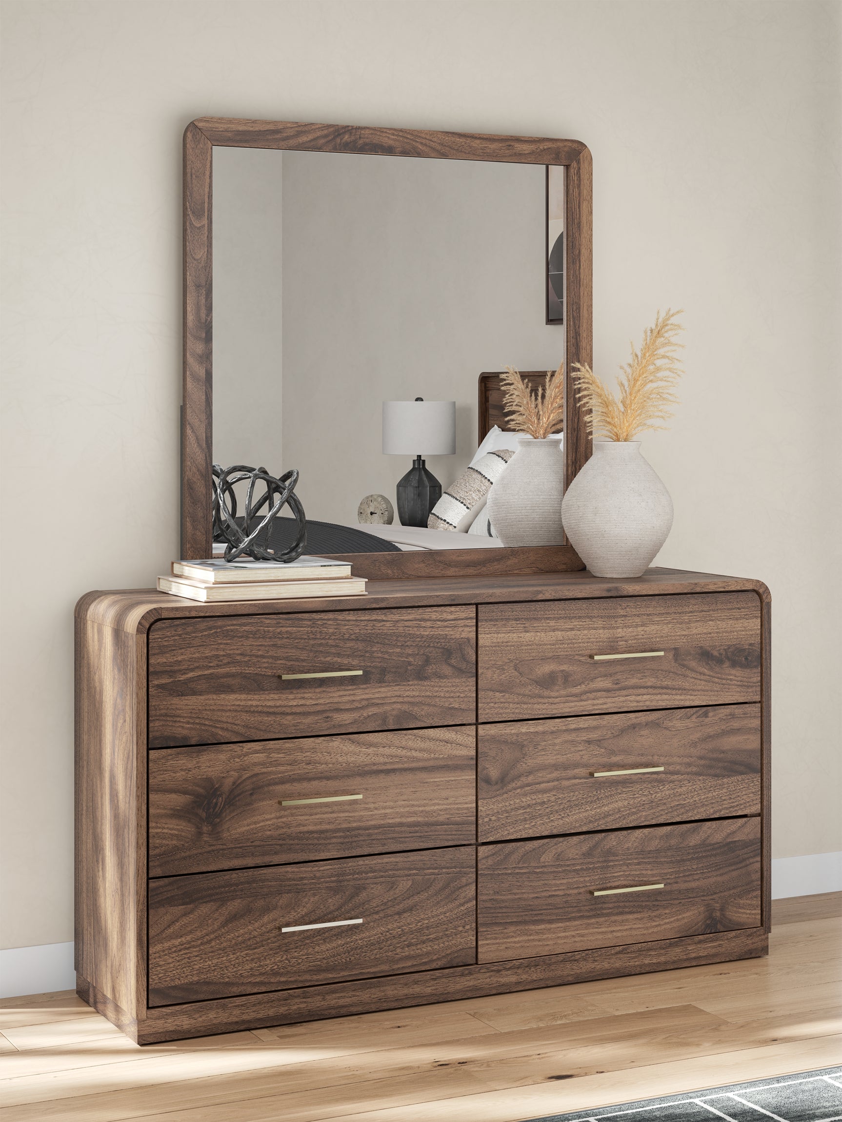 Straight-on view of Fortlorn Walnut Brown Dresser and Mirror