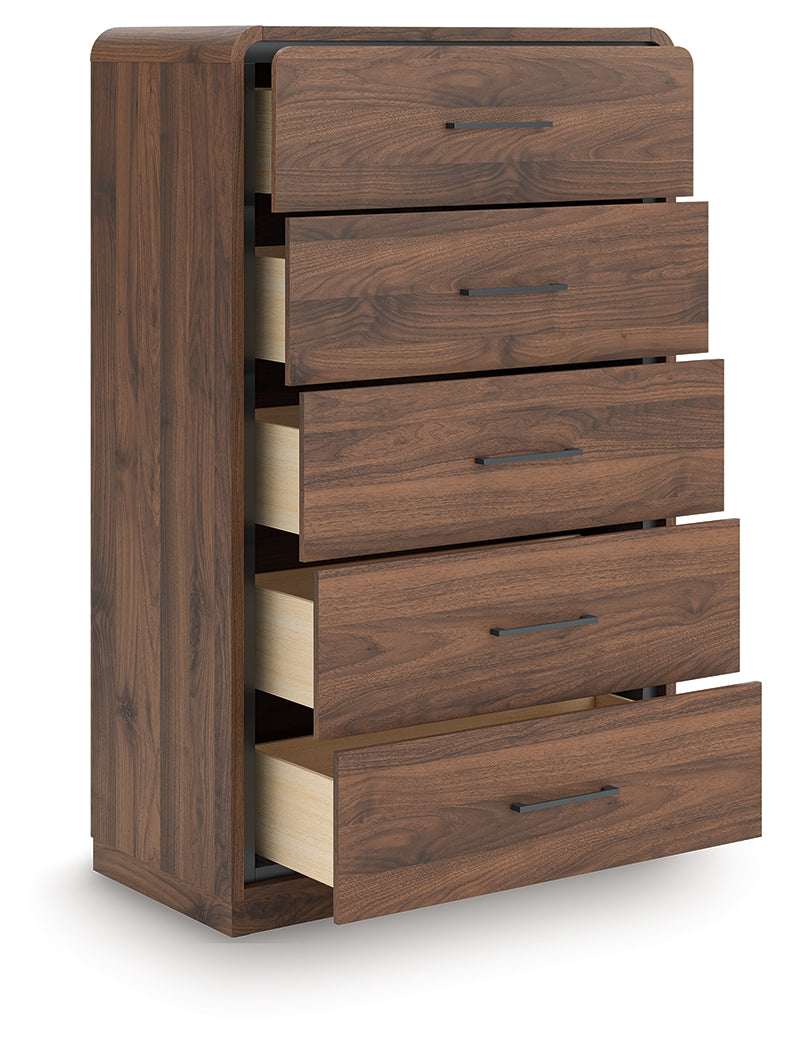 Open drawer view with decorative wood grain interior