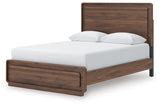 Side view of Fortlorn queen panel bed showing curved footboard