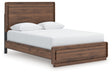 Fortlorn queen panel bed, front angle showing walnut brown finish