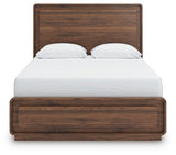 Side angled look of Fortlorn panel bed in rich walnut