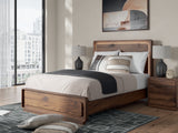 Fortlorn queen panel bed, angled view highlighting rounded headboard