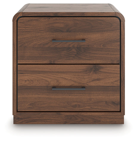 Front close-up of Fortlorn Nightstand wood grain and hardware