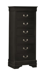 Side view of Louis Philip black nightstand showing two drawers